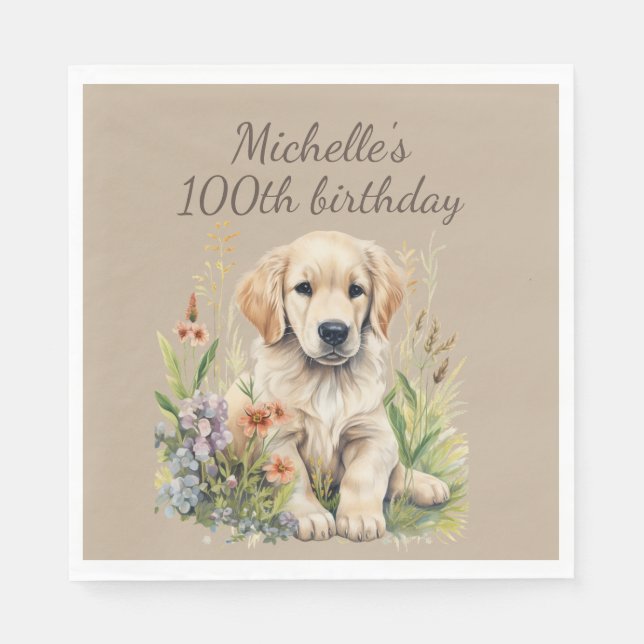 Cute Golden Retriever Puppy 100th Birthday Napkins (Front)