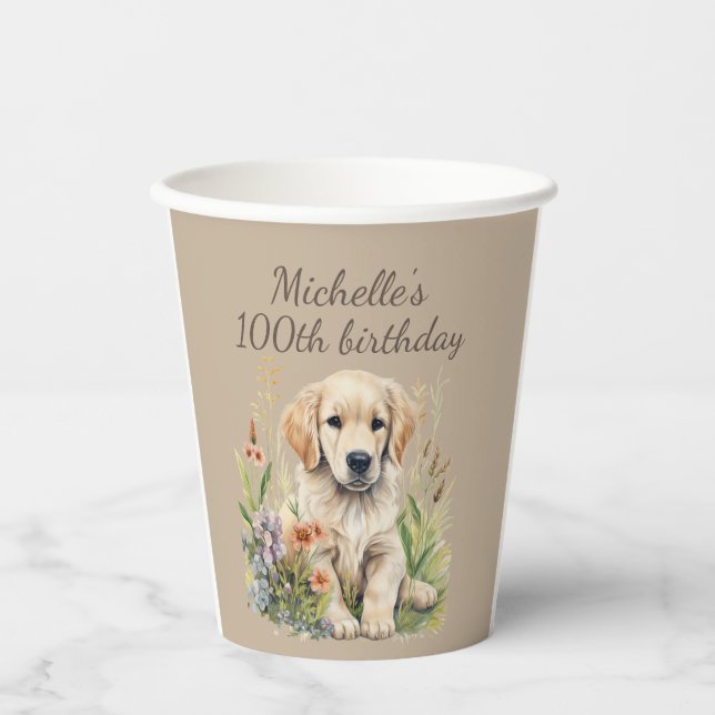 Cute Golden Retriever Puppy 100th Birthday Paper Cups (Front)