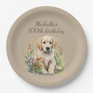 Cute Golden Retriever Puppy 100th Birthday Paper Plates