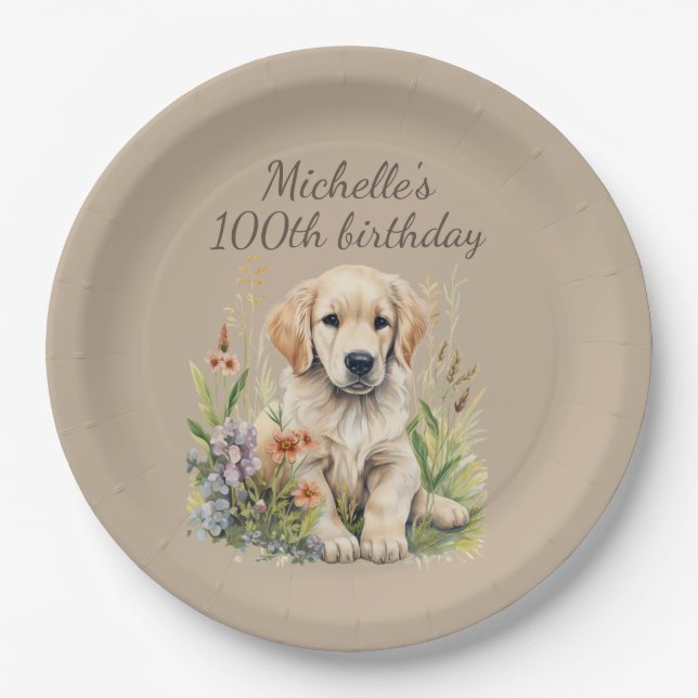 Cute Golden Retriever Puppy 100th Birthday Paper Plates (Front)