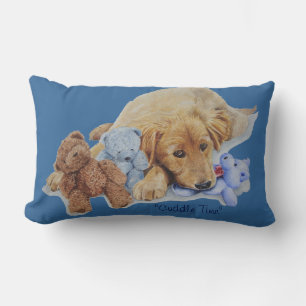 cute golden retriever puppy cuddling teddy bears lumbar pillow