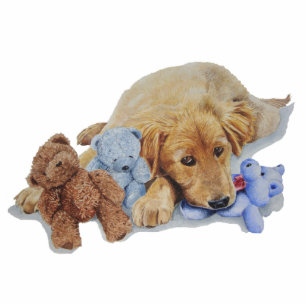 Cute golden retriever puppy cuddling teddy bears statuette