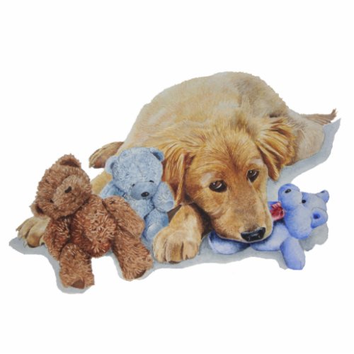 Cute golden retriever puppy cuddling teddy bears statuette
