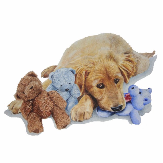 Cute golden retriever puppy cuddling teddy bears statuette (Front)