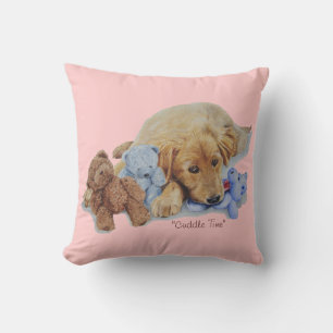 cute golden retriever puppy cuddling teddy bears throw pillow