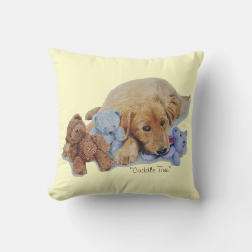 cute golden retriever puppy cuddling teddy bears throw pillow