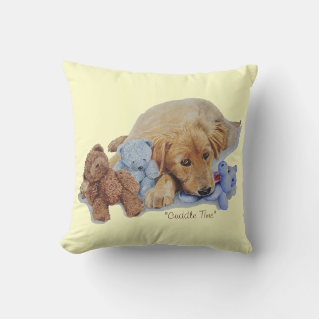 cute golden retriever puppy cuddling teddy bears throw pillow (Front)
