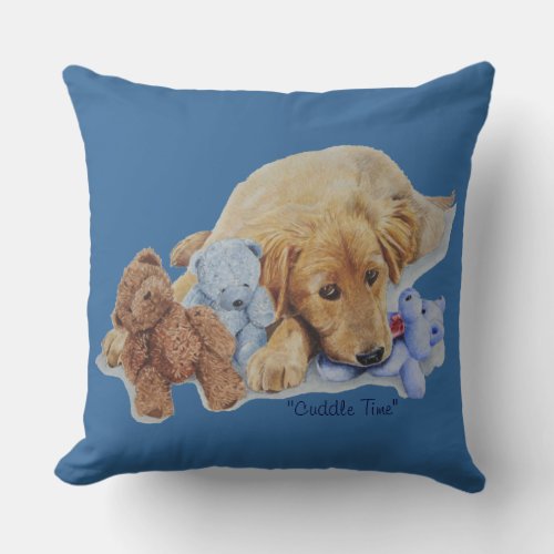 cute golden retriever puppy cuddling teddy bears throw pillow