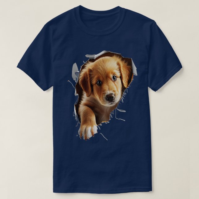 Cute Golden Retriever Puppy Dog Breaking Through  T-Shirt (Design Front)