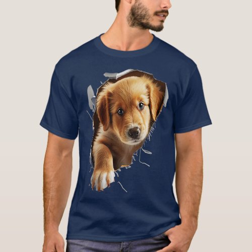 Cute Golden Retriever Puppy Dog Breaking Through  T_Shirt