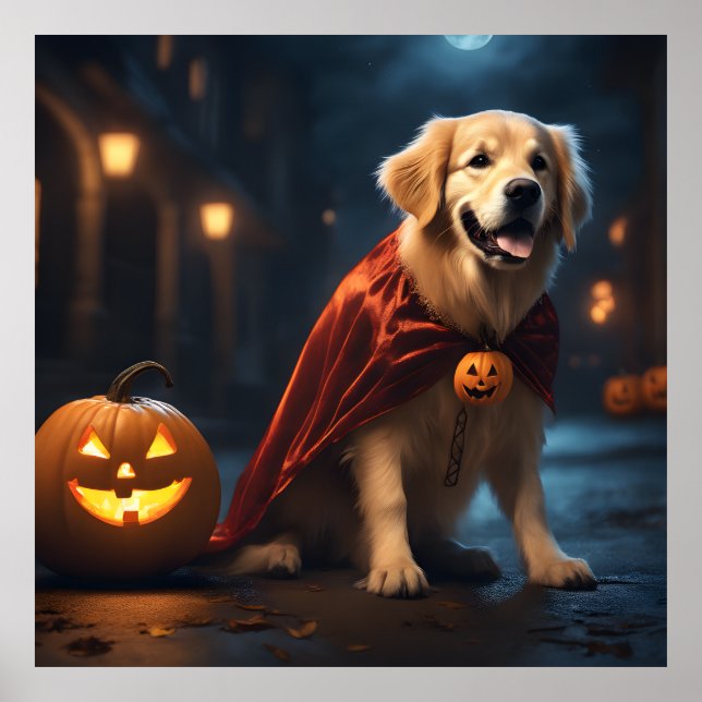 Cute Golden Retriever Puppy Dog Halloween Night Poster (Front)