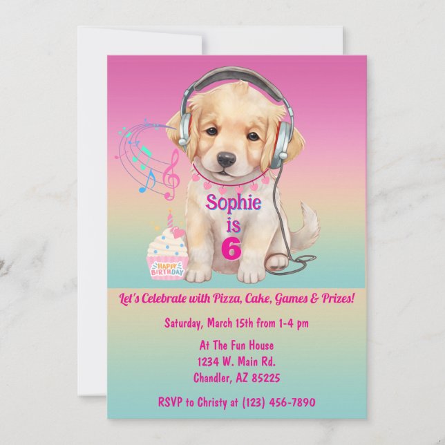 Cute Golden Retriever Puppy Personalized Birthday Invitation (Front)