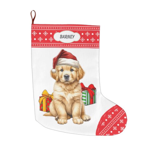 Cute Golden Retriever Puppy Santa Hat Snowflake Large Christmas Stocking