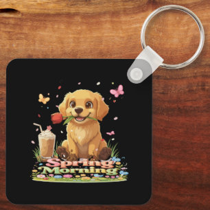 Cute Golden Retriever Puppy Spring Morning Keychain