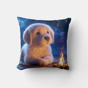 Cute Golden Retriever Puppy Under Starry Night Sky Throw Pillow