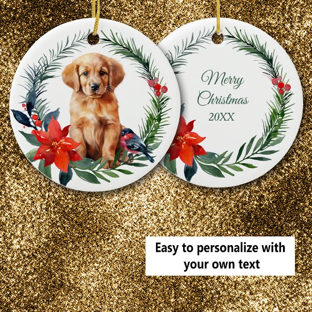 Cute Golden Retriever Puppy Watercolor Poinsettia Ceramic Ornament (Creator Uploaded)