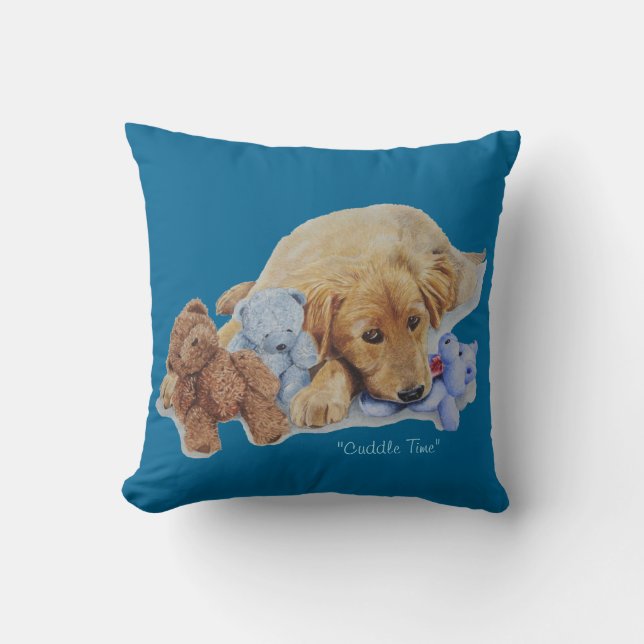 Cute golden retriever puppy with teddy bears art throw pillow (Front)