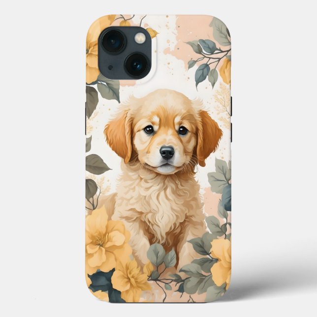 Cute Golden Retriever Puppy Yellow Flowers Case-Mate iPhone Case (Back)