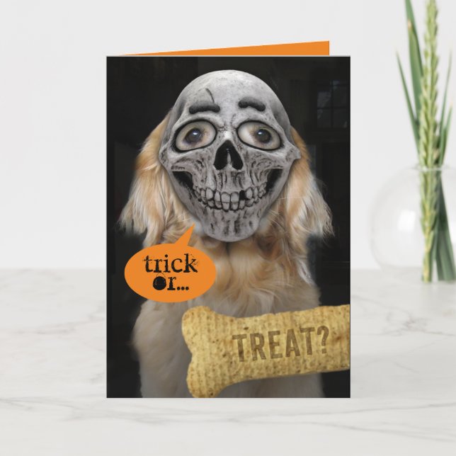 Cute Golden Retriever Skeleton Mask Halloween Card (Front)