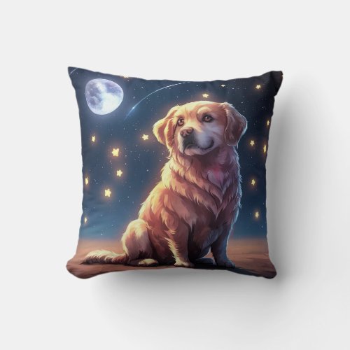 Cute Golden Retriever under Beautiful Moon Light Throw Pillow