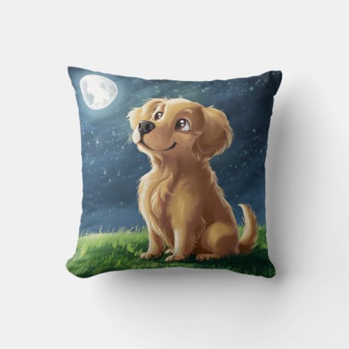 Cute Golden Retriever Watches Full Moon Light Throw Pillow