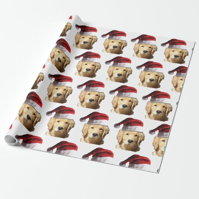 Cute Golden Retriever wearing a Santa Claus Hat Wrapping Paper (Unrolled)