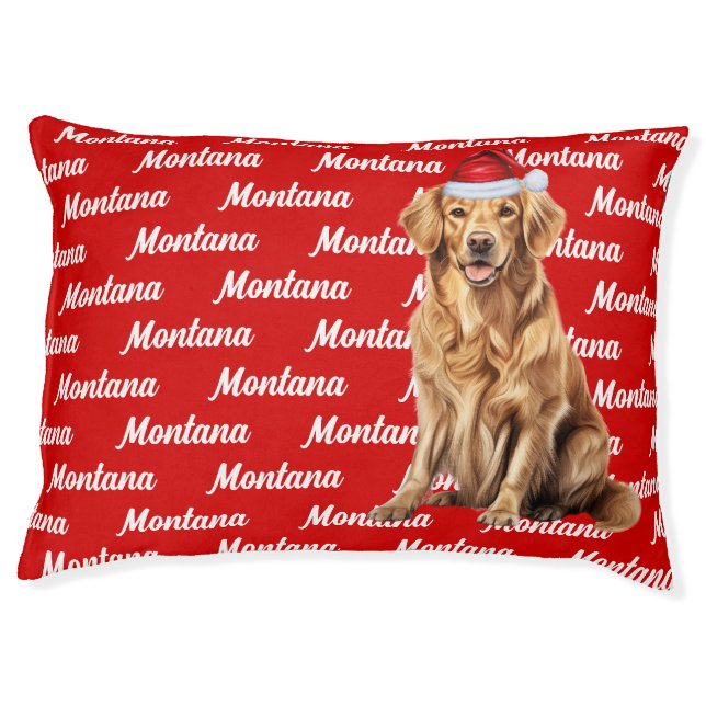 Cute Golden Retriever with Dog's Name Holiday Pet Bed (Front)