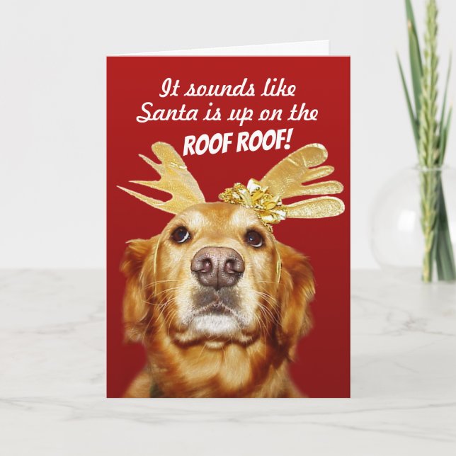 Cute Golden Retriever With Gold Antlers Christmas Holiday Card (Front)