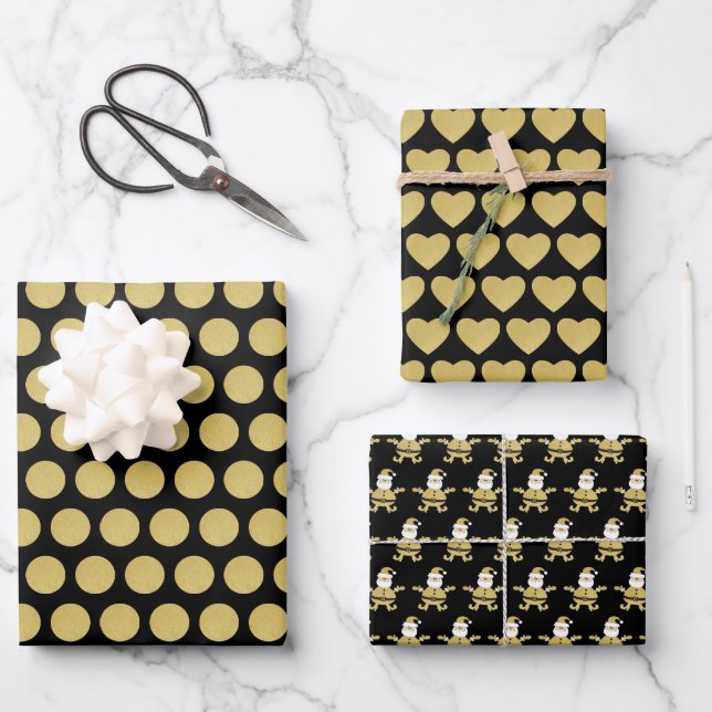 Cute Golden Santa Dots And Hearts Wrapping Paper Sheets (Front)
