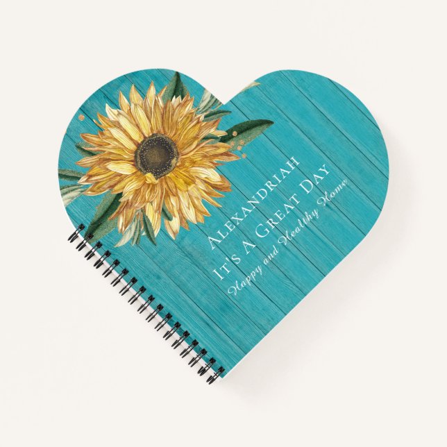 Cute Golden Sunflower Teal Blue Wood Heart Shape Notebook (Front)