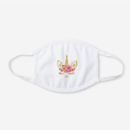 Cute golden unicorn flowers and calligraphy white cotton face mask