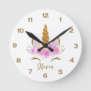 Cute Golden Unicorn Personalized Round Clock