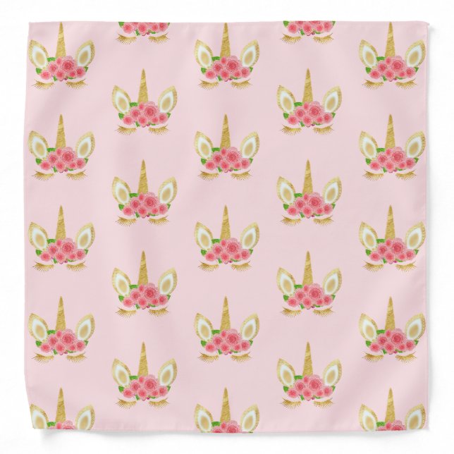 Cute Golden Unicorn & Pink Flowers on Light Pink Bandana (Front)