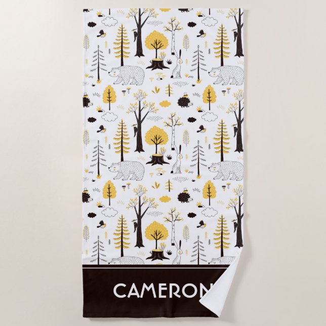 Cute Golden Woods Scene Pattern Beach Towel (Front)