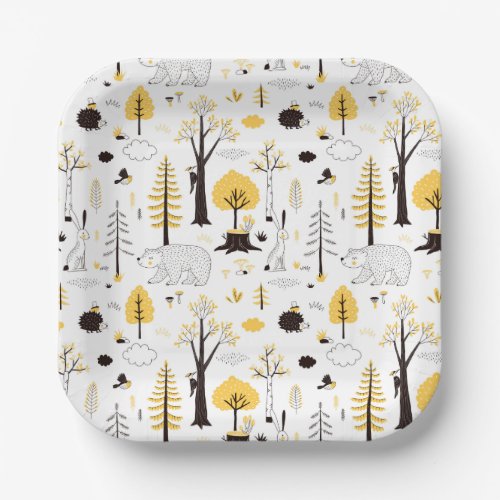 Cute Golden Woods Scene Pattern Paper Plates