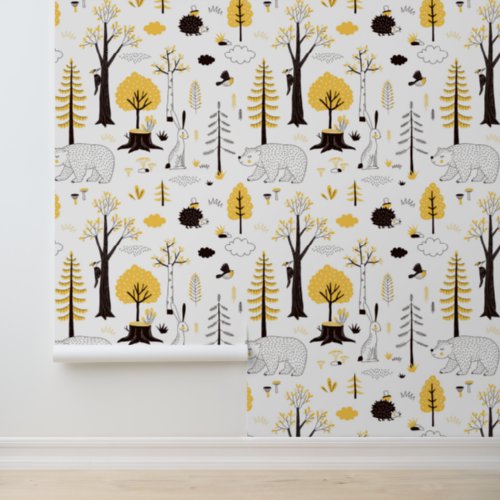 Cute Golden Woods Scene Pattern Wallpaper