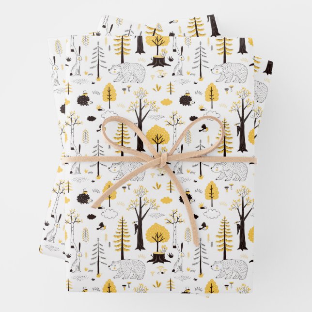 Cute Golden Woods Scene Pattern Wrapping Paper Sheets (In situ)