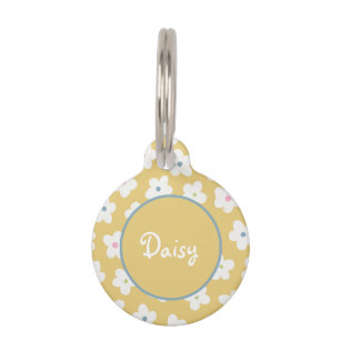 Cute Golden Yellow with White Daisies Round Pet ID Tag
