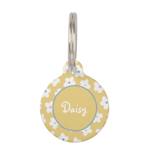 Cute Golden Yellow with White Daisies Round Pet ID Tag