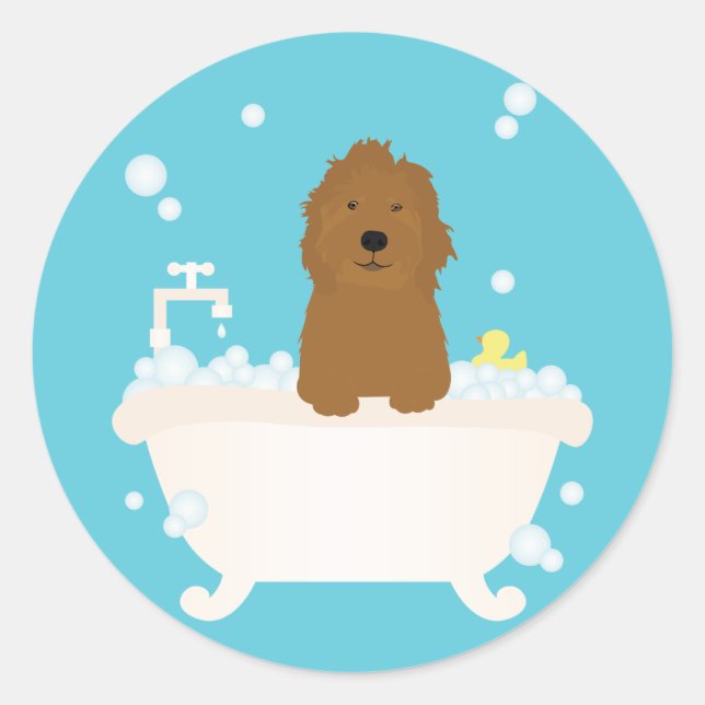 Cute Goldendoodle Bubble Bath Classic Round Sticker (Front)