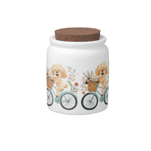 Cute Goldendoodle Dog Biking Spring Flowers Candy Jar