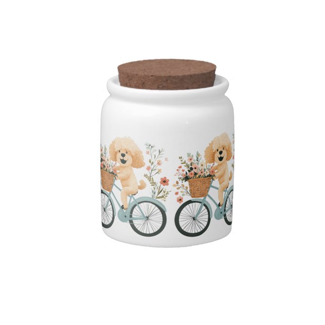 Cute Goldendoodle Dog Biking Spring Flowers Candy Jar (Front)