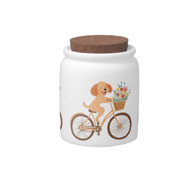 Cute Goldendoodle Dog Biking Spring Flowers Candy Jar (Front)