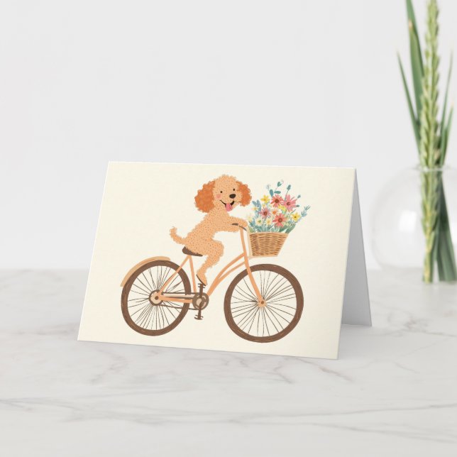 Cute Goldendoodle Dog Biking Spring Flowers Card (Front)