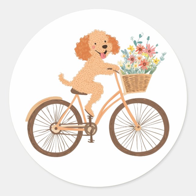 Cute Goldendoodle Dog Biking Spring Flowers Classic Round Sticker (Front)