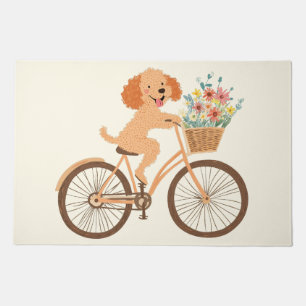 Cute Goldendoodle Dog Biking Spring Flowers Doormat
