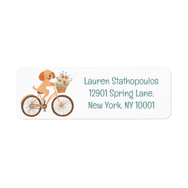Cute Goldendoodle Dog Biking Spring Flowers Label (Front)