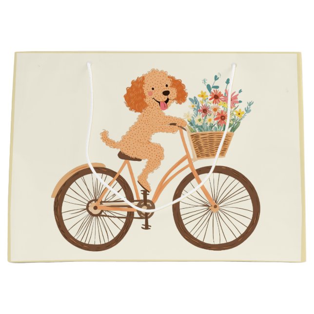 Cute Goldendoodle Dog Biking Spring Flowers Large Gift Bag (Front)