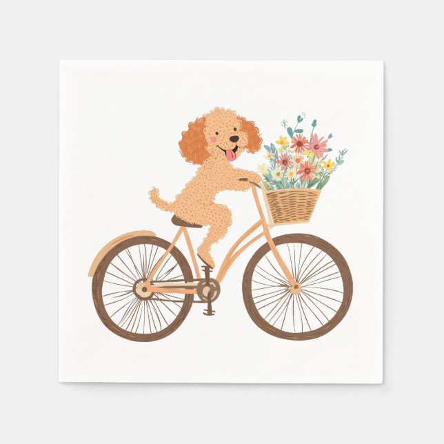Cute Goldendoodle Dog Biking Spring Flowers Napkins (Front)