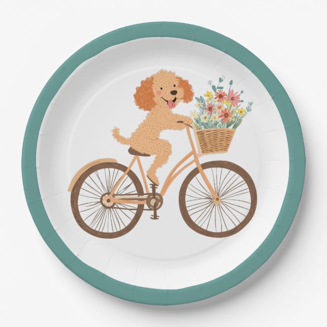 Cute Goldendoodle Dog Biking Spring Flowers Paper Plates (Front)
